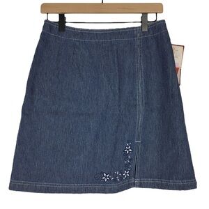 ROUTE 66 Vintage 90s Y2K Denim Jean Skirt Embroidered Flowers Pinstripe 11/12